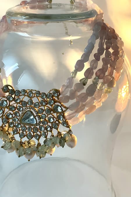 Studio6 Jewels_Pink Stones Pastel Kundan Necklace And Earrings Set _Online_at_Aza_Fashions