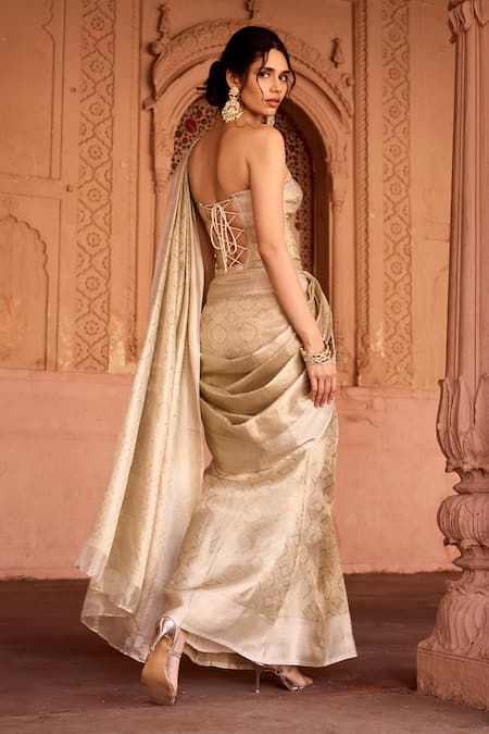 SAANJH BY LEA_Gold One Shoulder Designer Pre-draped Saree Set _Online_at_Aza_Fashions