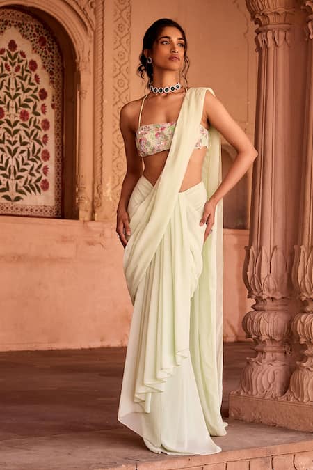 SAANJH BY LEA Pastel Green Pre-Draped Saree Set 
