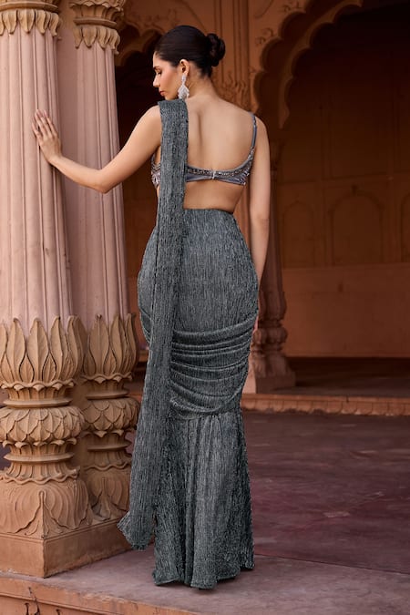 SAANJH BY LEA Designer Pre-Draped Grey Satin Saree With Blouse 