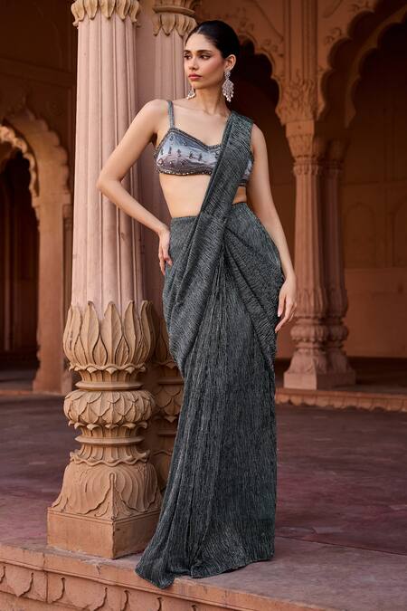 Shop_SAANJH BY LEA_Gray Satin Sequins, Beads Sweetheart Designer Pre-draped Grey Saree With Blouse _Online_at_Aza_Fashions