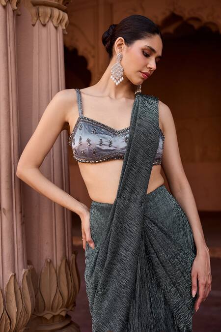 SAANJH BY LEA_Gray Satin Sequins, Beads Sweetheart Designer Pre-draped Grey Saree With Blouse _at_Aza_Fashions
