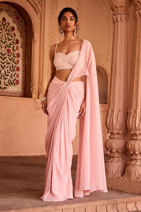 Shop SAANJH BY LEA Pink Chiffon Pearls, Beads Sweetheart Neck Baby Pre-draped Saree Set Online at Aza Fashions Shop_SAANJH BY LEA_Pink Chiffon Pearls, Beads Sweetheart Neck Baby Pre-draped Saree Set_Online_at_Aza_Fashions