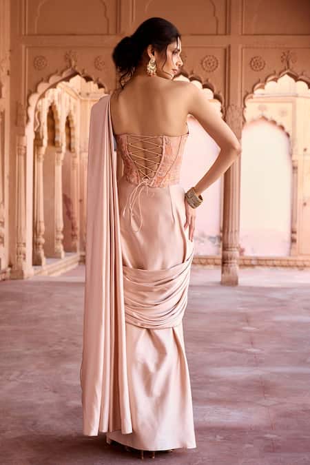 SAANJH BY LEA Champagne Pre-Draped Saree with Corset Blouse 