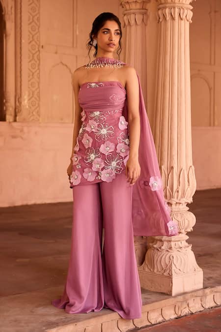 SAANJH BY LEA Pink Georgette Applique, Embroidery Kurta Set 