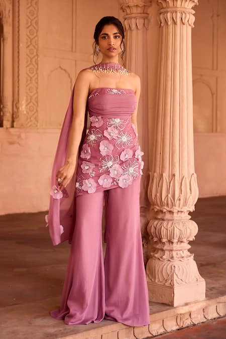 Shop_SAANJH BY LEA_Pink Georgette Applique, Embroidery Kurta Set _Online_at_Aza_Fashions