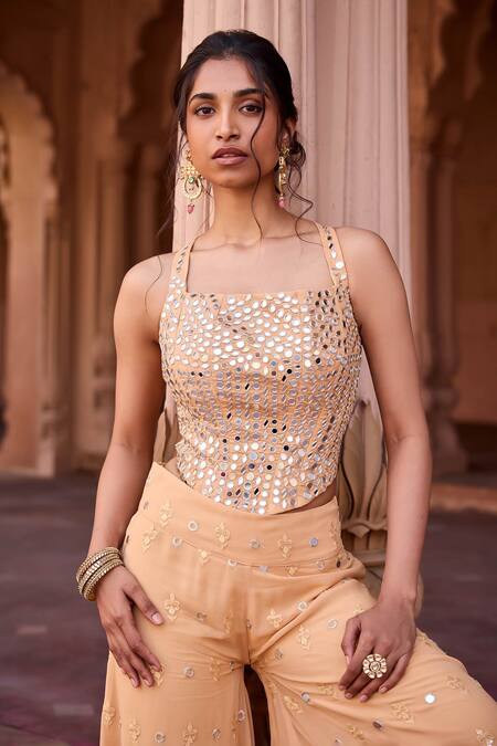 SAANJH BY LEA_Orange Georgette Sequins Square Neck Buff Kurta Set _Online_at_Aza_Fashions