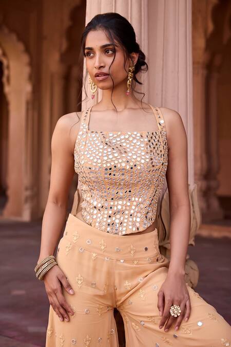 Buy_SAANJH BY LEA_Orange Georgette Sequins Square Neck Buff Kurta Set _Online_at_Aza_Fashions