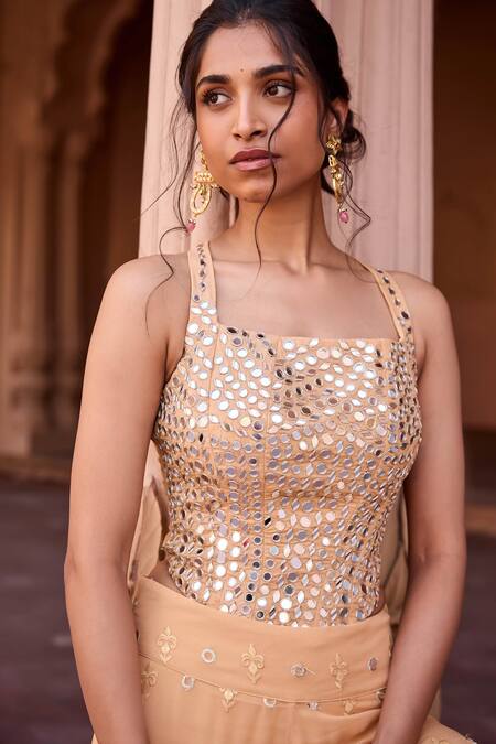 Shop_SAANJH BY LEA_Orange Georgette Sequins Square Neck Buff Kurta Set _Online_at_Aza_Fashions