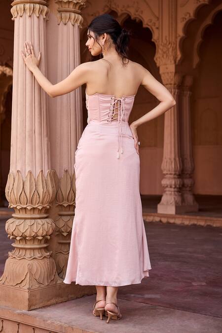 SAANJH BY LEA_Pink Satin Pearls, Embroidery Sweetheart Neck Baby Skirt Set _at_Aza_Fashions