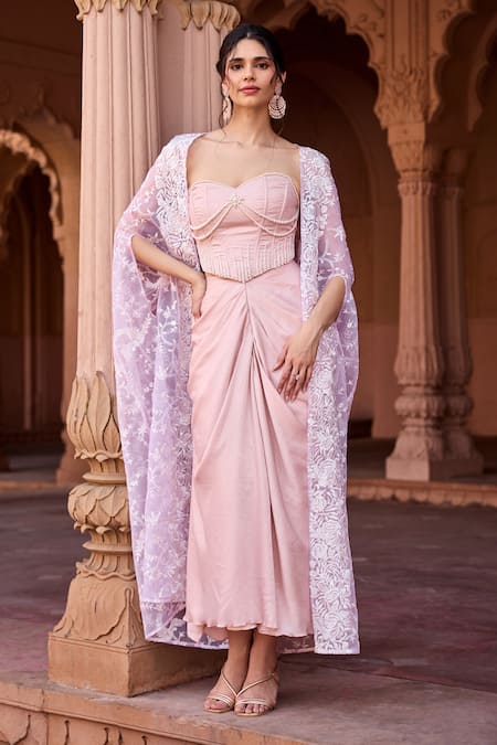 SAANJH BY LEA Baby Pink Satin Skirt Set  