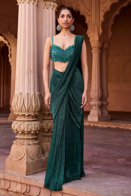 SAANJH BY LEA_Emerald Green Chiffon Sequins, Embroidery Crinkled Pre-draped Saree With Blouse _Online_at_Aza_Fashions