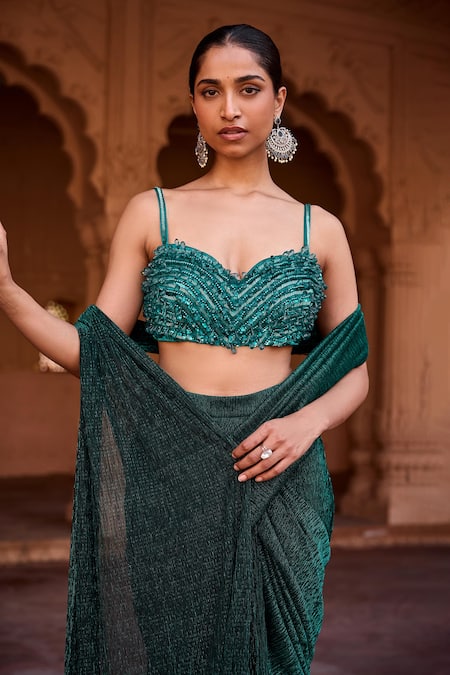 Shop_SAANJH BY LEA_Emerald Green Chiffon Sequins, Embroidery Crinkled Pre-draped Saree With Blouse _Online_at_Aza_Fashions