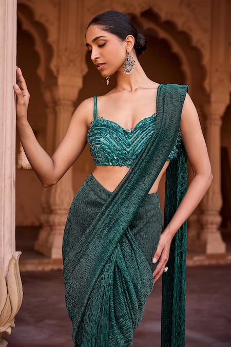 SAANJH BY LEA_Emerald Green Chiffon Sequins, Embroidery Crinkled Pre-draped Saree With Blouse _at_Aza_Fashions