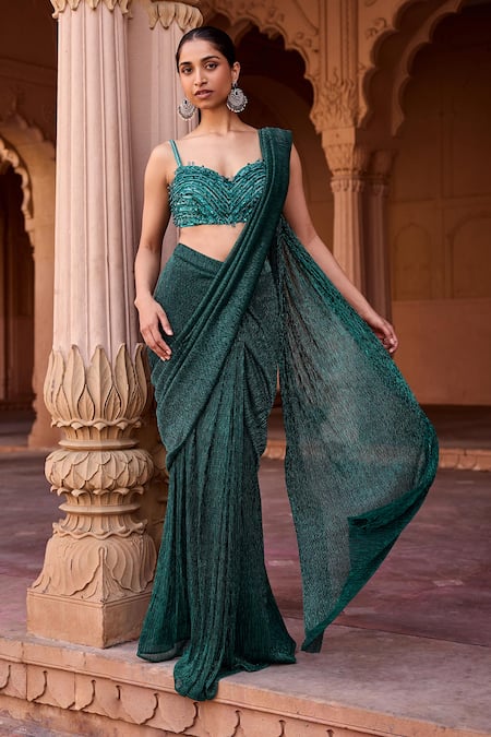 SAANJH BY LEA Emerald Green Crinkled Chiffon Pre-Draped Saree With Blouse 