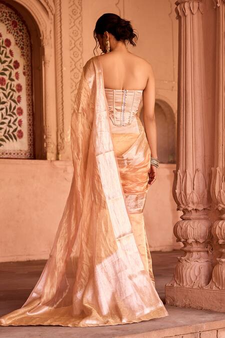 SAANJH BY LEA_Gold Banarasi Pre-draped Saree _at_Aza_Fashions