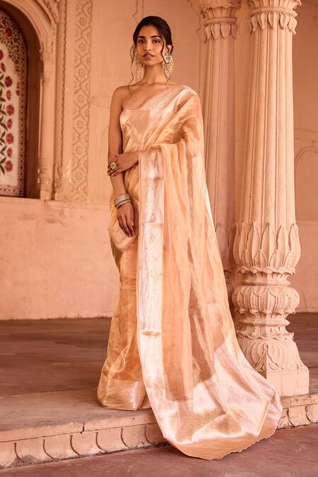 Shop_SAANJH BY LEA_Gold Banarasi Pre-draped Saree 