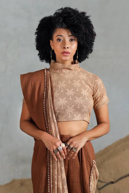 Coeur Beige Cotton High Neck Brown Fusion Style Kurta Set Online at Aza Fashions Coeur_Beige Cotton High Neck Brown Fusion Style Kurta Set _Online_at_Aza_Fashions