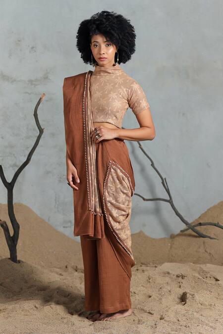 Shop Coeur Beige Cotton High Neck Brown Fusion Style Kurta Set Online at Aza Fashions Shop_Coeur_Beige Cotton High Neck Brown Fusion Style Kurta Set _Online_at_Aza_Fashions