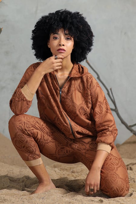 Coeur_Brown Cotton Embroidery High Neck Jacket And Pant Set _Online_at_Aza_Fashions