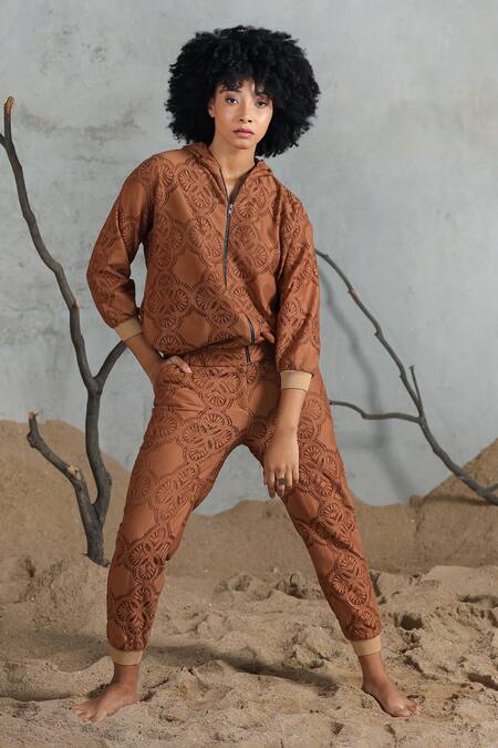 Buy_Coeur_Brown Cotton Embroidery High Neck Jacket And Pant Set _Online_at_Aza_Fashions