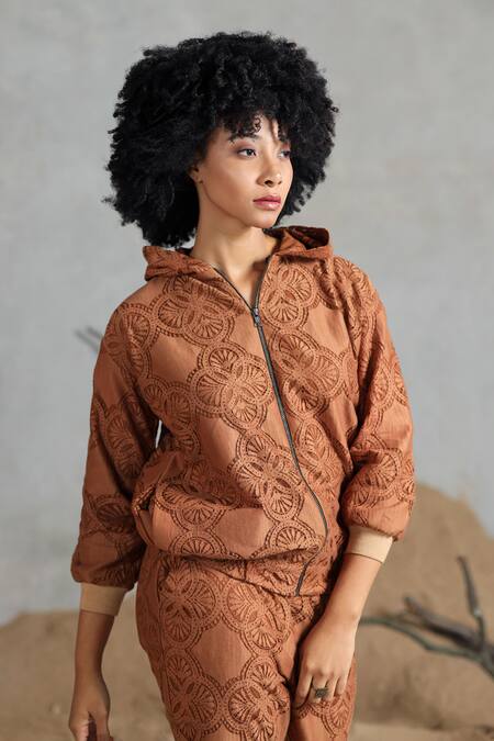 Shop_Coeur_Brown Cotton Embroidery High Neck Jacket And Pant Set _Online_at_Aza_Fashions