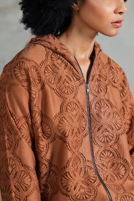 Coeur_Brown Cotton Embroidery High Neck Jacket And Pant Set _at_Aza_Fashions