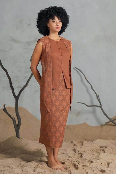 Coeur_Brown Cotton Embroidery Round Neck Organic Skirt Set _Online_at_Aza_Fashions