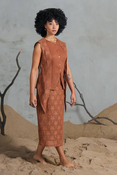 Shop_Coeur_Brown Cotton Embroidery Round Neck Organic Skirt Set _Online_at_Aza_Fashions