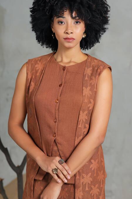 Coeur_Brown Cotton Embroidery Round Neck Organic Skirt Set _at_Aza_Fashions