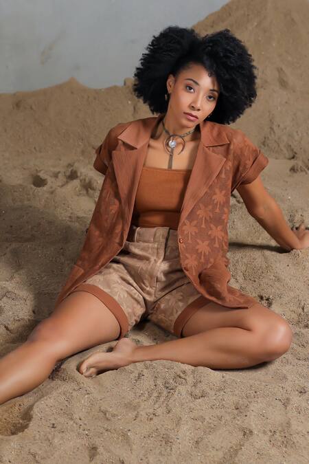 Buy_Coeur_Brown Cotton, Net Round Neck Organic Blazer And Shorts Set _Online_at_Aza_Fashions