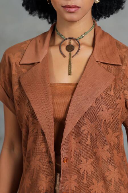 Shop_Coeur_Brown Cotton, Net Round Neck Organic Blazer And Shorts Set _Online_at_Aza_Fashions