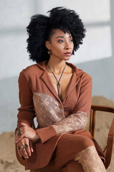 Coeur_Brown Embroidery Designer Blazer And Pant Set _Online_at_Aza_Fashions