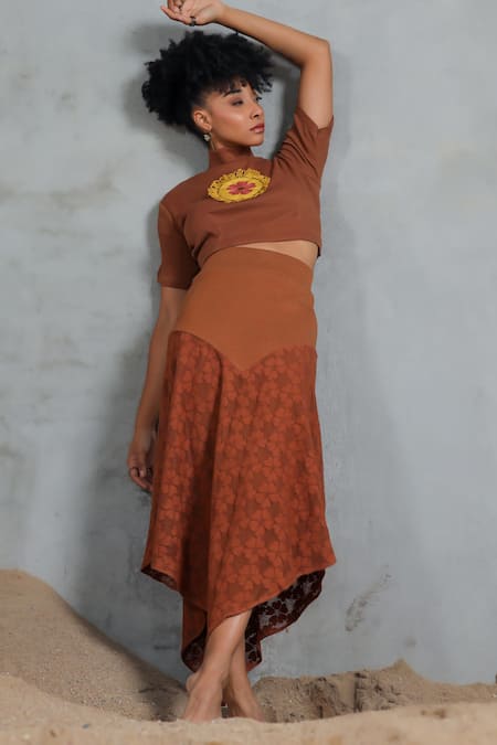 Coeur_Brown Embroidery High Neck Floral Net Crop Top And Skirt Set _Online_at_Aza_Fashions