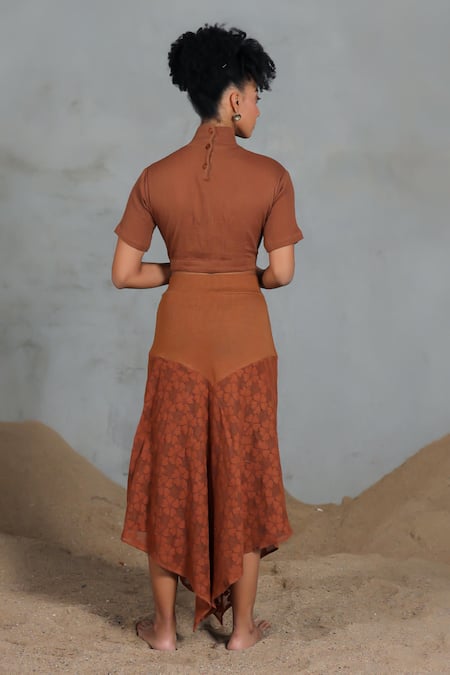 Coeur Brown Floral Net Crop Top & Skirt Set 