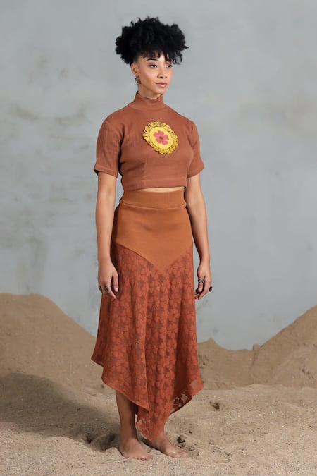 Buy_Coeur_Brown Embroidery High Neck Floral Net Crop Top And Skirt Set _Online_at_Aza_Fashions