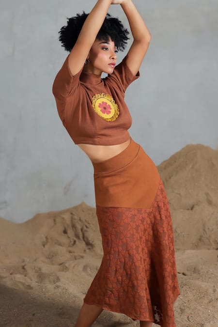Shop_Coeur_Brown Embroidery High Neck Floral Net Crop Top And Skirt Set _Online_at_Aza_Fashions
