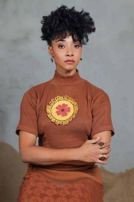 Coeur_Brown Embroidery High Neck Floral Net Crop Top And Skirt Set _at_Aza_Fashions