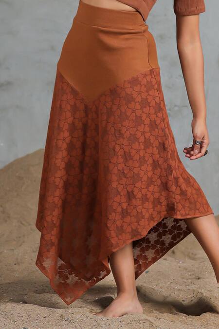 Buy_Coeur_Brown Embroidery High Neck Floral Net Crop Top And Skirt Set 