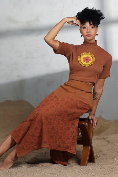Shop_Coeur_Brown Embroidery High Neck Floral Net Crop Top And Skirt Set 