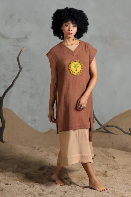 Coeur_Brown Embroidery Midi Dress With Bib Overlay _Online_at_Aza_Fashions
