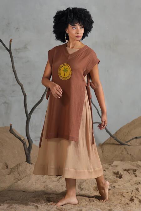 Shop_Coeur_Brown Embroidery Midi Dress With Bib Overlay _Online_at_Aza_Fashions