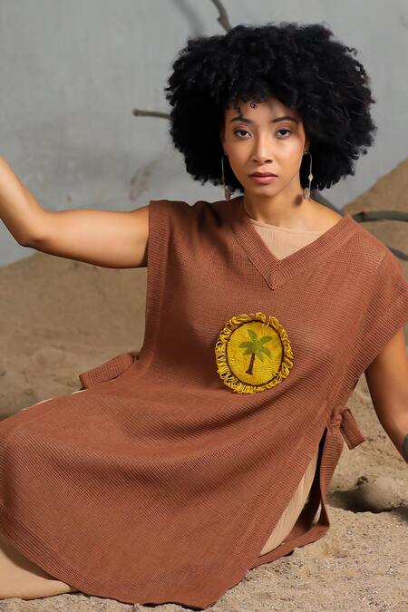 Coeur_Brown Embroidery Midi Dress With Bib Overlay _at_Aza_Fashions