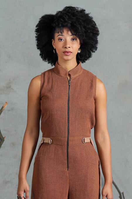 Coeur_Brown Embroidery Open Neck Knitted Cotton Jumpsuit _Online_at_Aza_Fashions