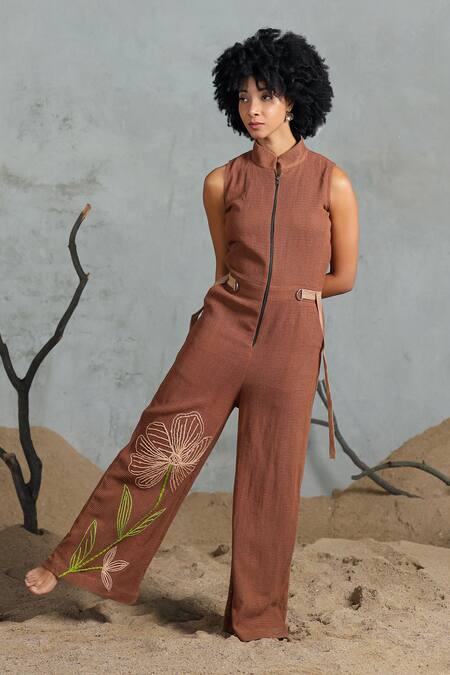 Shop_Coeur_Brown Embroidery Open Neck Knitted Cotton Jumpsuit _Online_at_Aza_Fashions