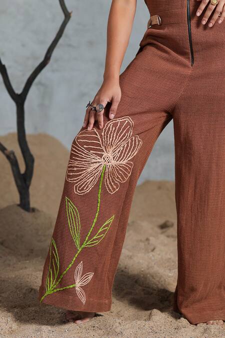 Buy_Coeur_Brown Embroidery Open Neck Knitted Cotton Jumpsuit 