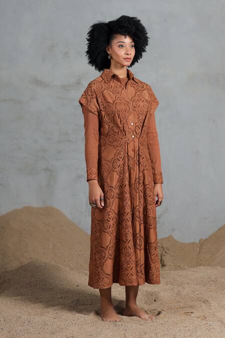Coeur_Brown Embroidery Collared Organic Cotton Midi Dress With Overlay _Online_at_Aza_Fashions
