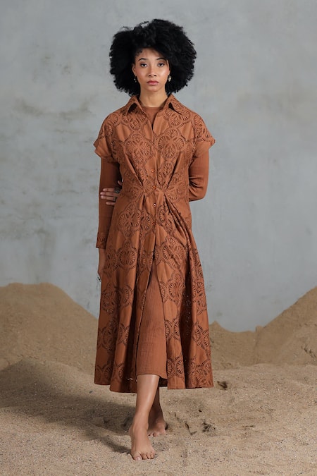 Coeur Brown Embroidery Collared Organic Cotton Midi Dress With Overlay 