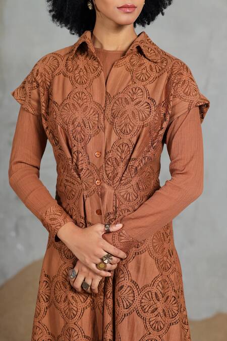 Shop_Coeur_Brown Embroidery Collared Organic Cotton Midi Dress With Overlay _Online_at_Aza_Fashions