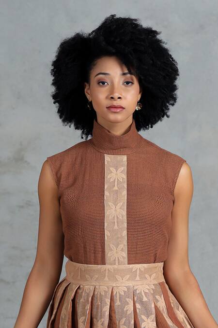 Buy_Coeur_Brown Cotton, Net High Neck Knitted Skirt Set _Online_at_Aza_Fashions